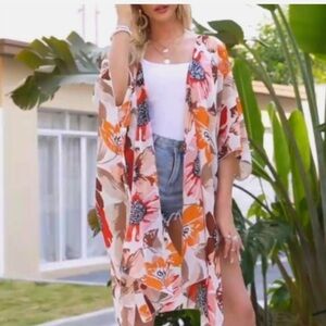 Chic Nation Vibrant Floral Blouse - Red, Orange, Brown open cardigan style